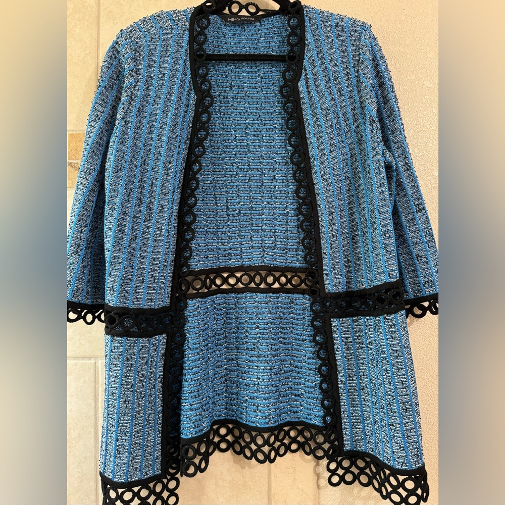 Ming Wang Blue Tweed Open Front Blazer with Black Lace Trim